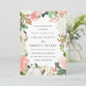 エレガント赤面ピンク白フローラ素朴結婚ズ 招待状 (スタンド正面)