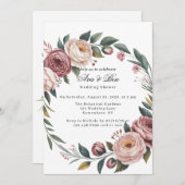 エレガント赤面ピンク絵を描フローラウェディングシャワー 招待状 (正面/裏面)