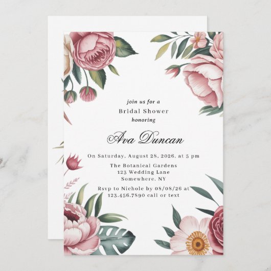 エレガント赤面ピンク絵を描フローラブライダルシャワー 招待状 (正面/裏面)