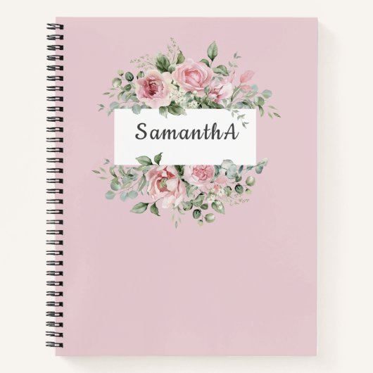 エレガント赤面ピンク色フローラパーソナライズされた ノートブック (正面)