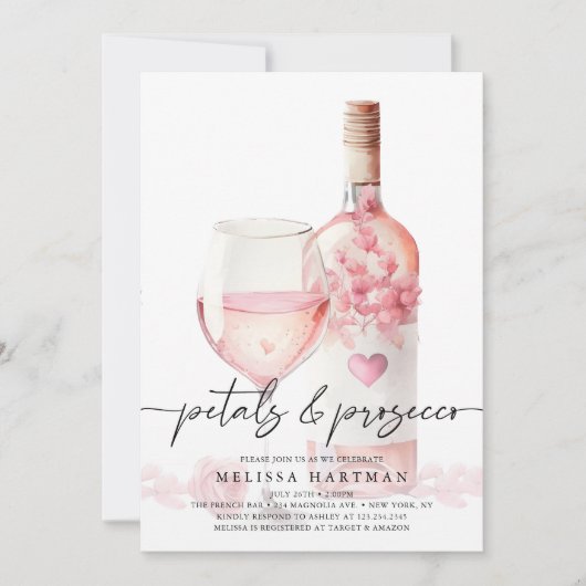 エレガント赤面ピンク花びら&プロセッコブライダルシャワー 招待状 (正面)