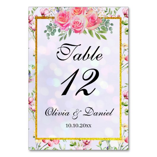 エレガント赤面ピンク花ウォーター結婚カラー表 テーブルナンバー (正面)