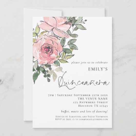 エレガント赤面ピンク花模様キンセアニラ15パーティー 招待状 (正面)