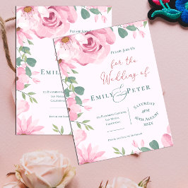 エレガント赤面ピンク花模様結婚式招待状 ポストカード