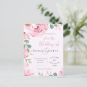 エレガント赤面ピンク花模様結婚式招待状 ポストカード (スタンド正面)
