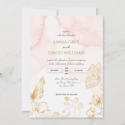 エレガント赤面ピンク金ゴールドウォーター結婚カラー 招待状 (正面)