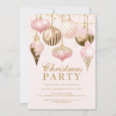 エレガント赤面ピンク金ゴールドオーナメントクリスマスパーティー 招待状 (正面)