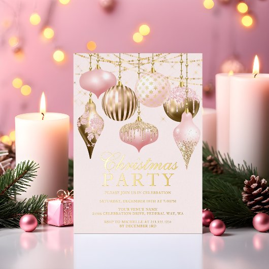 エレガント赤面ピンク金ゴールドオーナメントクリスマスパーティー 箔招待状