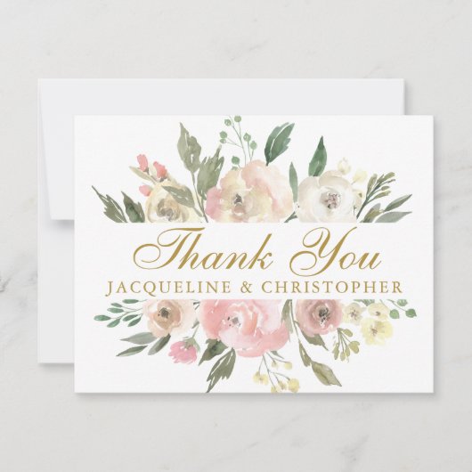 エレガント赤面ピンク金ゴールドフローラカスタムウェディング サンキューカード (正面)