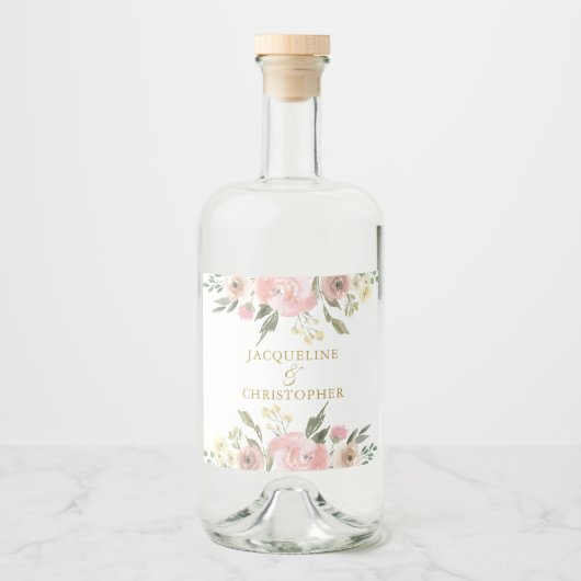エレガント赤面ピンク金ゴールドフローラカスタムウェディング リキュールボトルラベル (正面)