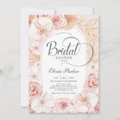 エレガント赤面ピンク金ゴールドフローラブライダルシャワー 招待状 (正面)