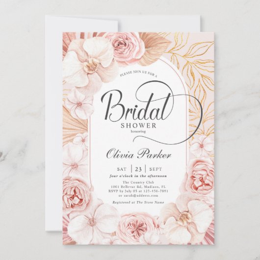 エレガント赤面ピンク金ゴールドフローラブライダルシャワー 招待状 (正面)