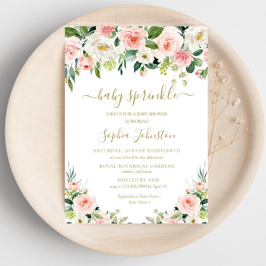 エレガント赤面ピンク金ゴールドフローラベビー散布 招待状