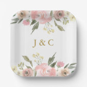 エレガント赤面ピンク金ゴールドフローラモノグラム結婚ズ ペーパープレート (正面)