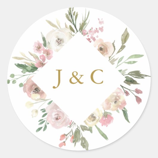エレガント赤面ピンク金ゴールドフローラモノグラム結婚ズ ラウンドシール (正面)