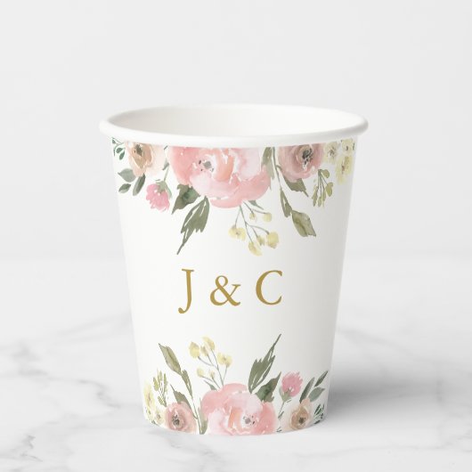 エレガント赤面ピンク金ゴールドフローラモノグラム結婚ズ 紙コップ (正面)