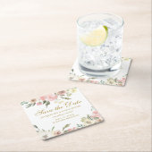 エレガント赤面ピンク金ゴールドフローラ保存日付 スクエアペーパーコースター (インサイチュ)