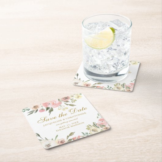 エレガント赤面ピンク金ゴールドフローラ保存日付 スクエアペーパーコースター (インサイチュ)