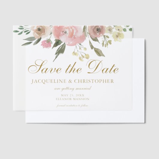 エレガント赤面ピンク金ゴールドフローラ保存日付 ベラム紙招待状 (オフセット)