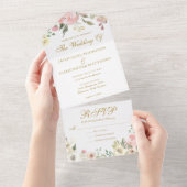 エレガント赤面ピンク金ゴールドフローラ庭園の結婚式 オールインワン招待状 (貼ってはがせる)