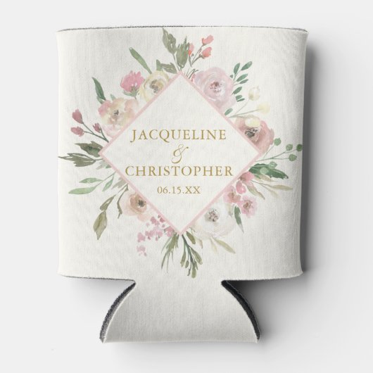 エレガント赤面ピンク金ゴールドフローラ庭園の結婚式 缶クーラー (正面)