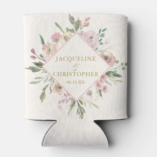 エレガント赤面ピンク金ゴールドフローラ庭園の結婚式 缶クーラー (裏面)