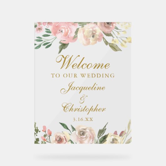 エレガント赤面ピンク金ゴールドフローラ結婚の歓迎 アクリルサイン (正面)