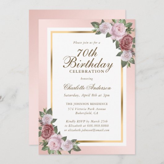 エレガント赤面ピンク金ゴールドフローラ70誕生日 招待状 (正面/裏面)