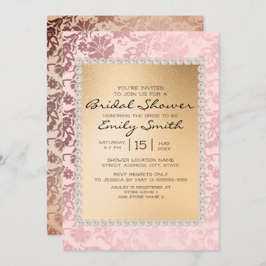 エレガント赤面ピンク金ゴールドブライダルシャワー 招待状 (正面/裏面)