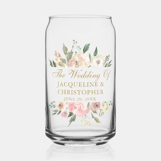 エレガント赤面ピンク金ゴールド結婚フローラカスタム ガラス缶 (正面)