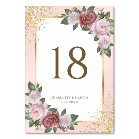 エレガント赤面ピンク金ゴールド結婚フローラ テーブルナンバー (正面)