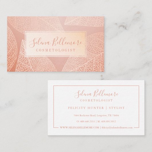 エレガント赤面ピンク金ゴールド自然押し葉 名刺 (正面/裏面)