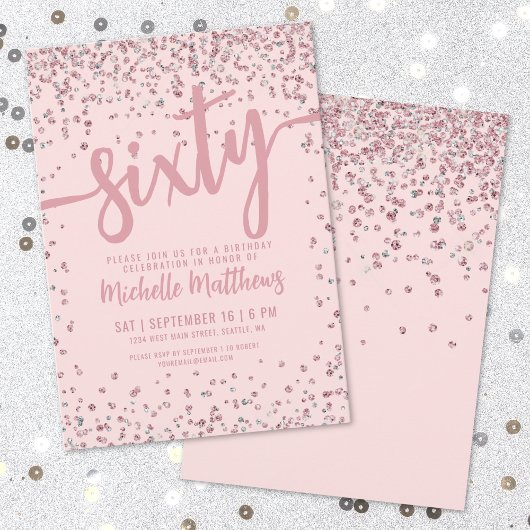 エレガント赤面ピンク60誕生日 招待状