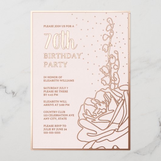 エレガント赤面ピンク70カスタム歳の誕生日パーティー 箔招待状 (正面)