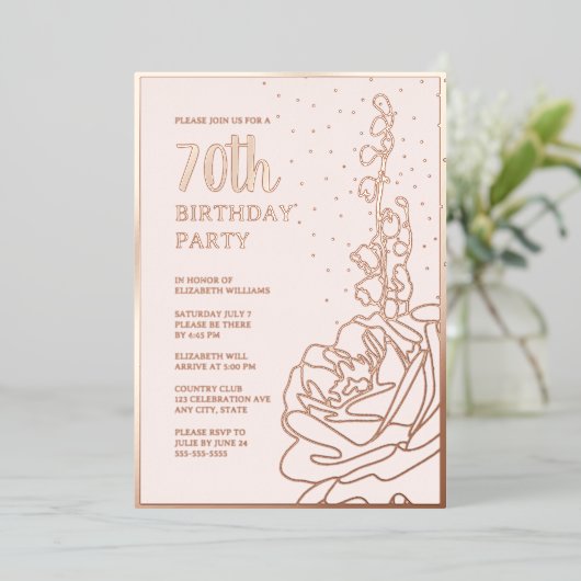エレガント赤面ピンク70カスタム歳の誕生日パーティー 箔招待状 (立ち正面)