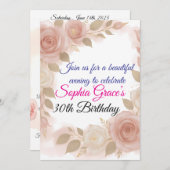 エレガント赤面ピンク&アイボリーバラ誕生日招待状 招待状 (正面/裏面)