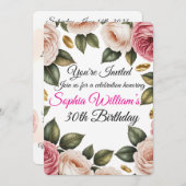 エレガント赤面ピンク&アイボリーバラ誕生日招待状 招待状 (正面/裏面)