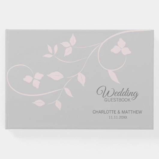 エレガント赤面ピンク&グレーつる植物結婚ズ ゲストブック (正面)