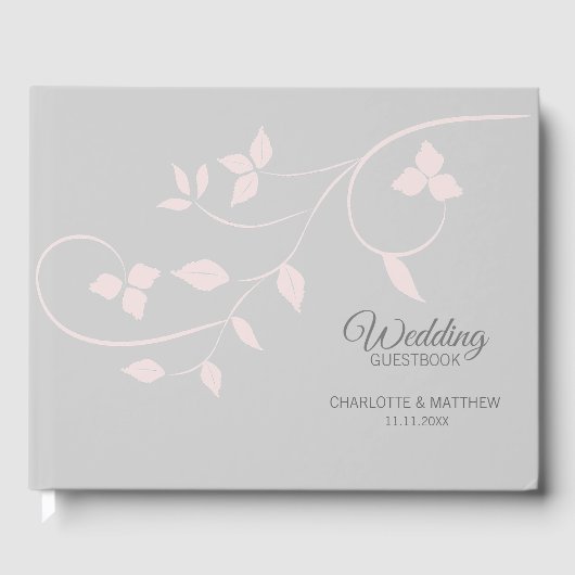 エレガント赤面ピンク&グレーつる植物結婚ズ ゲストブック (正面)
