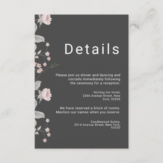 エレガント赤面ピンク&ダークグレーフローラ結婚ズ エンクロージャーカード (正面)