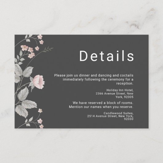 エレガント赤面ピンク&ダークグレーフローラ結婚ズ エンクロージャーカード (正面)