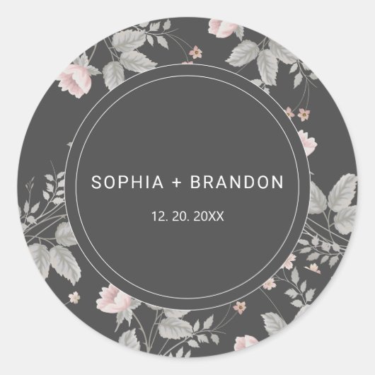エレガント赤面ピンク&ダークグレーフローラ結婚ズ ラウンドシール (正面)