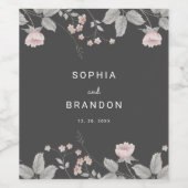 エレガント赤面ピンク&ダークグレーフローラ結婚ズ ワインラベル (シングルラベル)