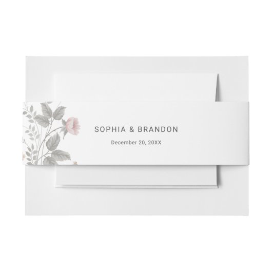 エレガント赤面ピンク&ダークグレーフローラ結婚ズ 招待状ベリーバンド (正面例)