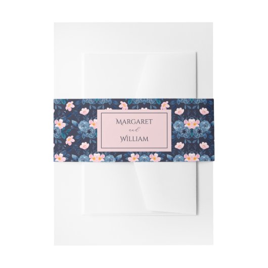 エレガント赤面ピンク&ネイビーブルーフローラ結婚ズ 招待状ベリーバンド (正面例)