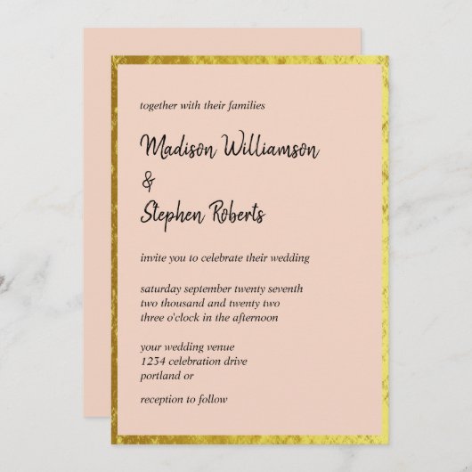 エレガント赤面ピーチとフェイク金ゴールド結婚ズ 招待状 (正面/裏面)