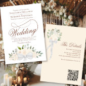 エレガント赤面ピーチフローラブーケQRコード結婚ズ 招待状