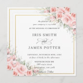 エレガント赤面ピ淡い色のンクフローラ金ゴールド結婚ズスクエア 招待状 (正面/裏面)