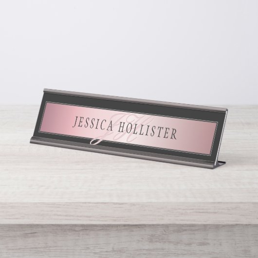エレガント赤面フェイクバラ金ゴールド |名前とイニシャル デスクネームプレート (正面)