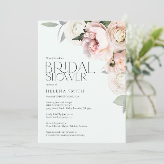 エレガント赤面フローラブライダルシャワー招待状フェミニン 招待状 (スタンド正面)